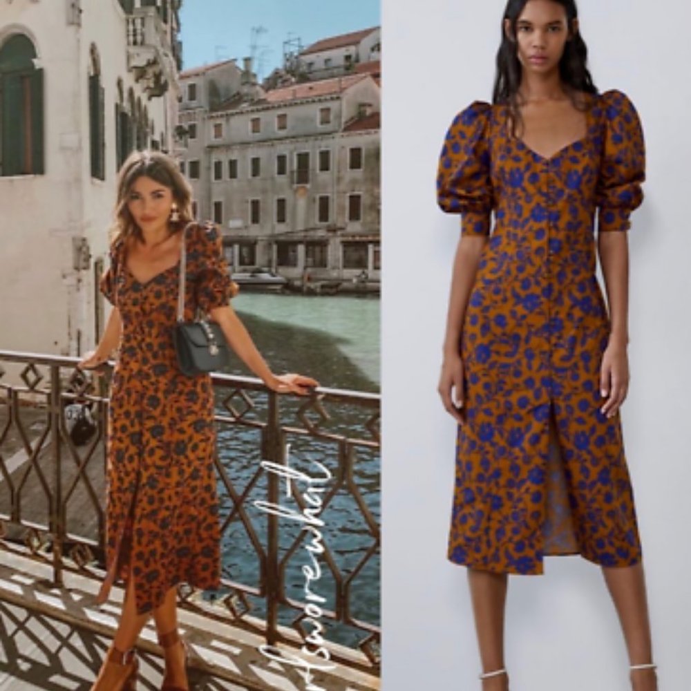 ZARA BROWN BLUE FLORAL PRINTED poplin dress